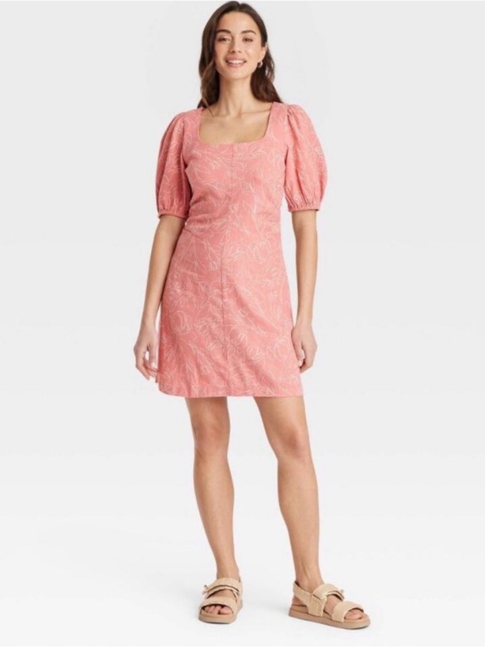 A New Day Womens Pink Floral Linen Blend Short Puff Sleeve Mini Sundress S 8 NWT